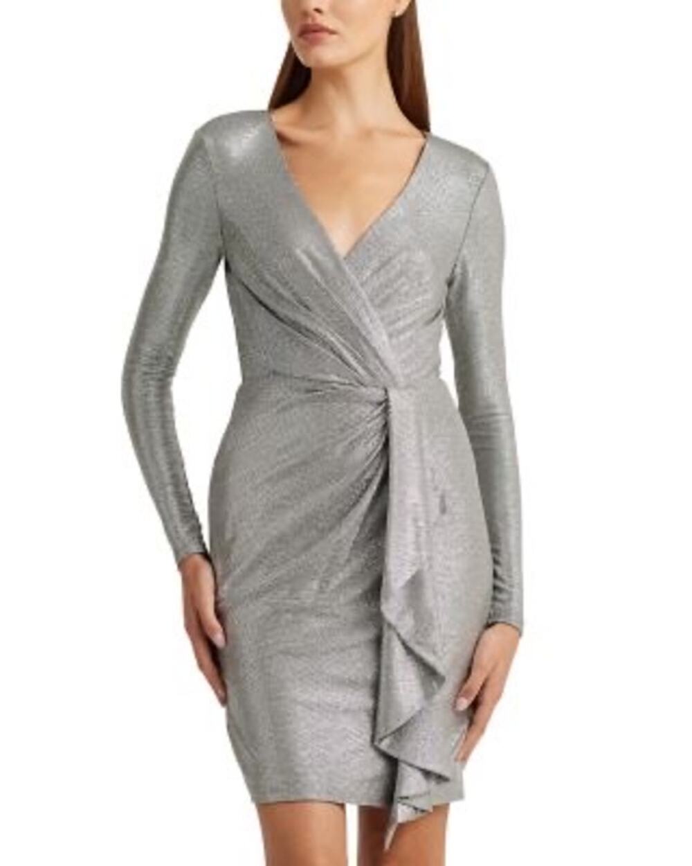NWT Ralph Lauren Metallic Knit Silver Faux Wrap Ruffle Mini Sheath Dress Size 14